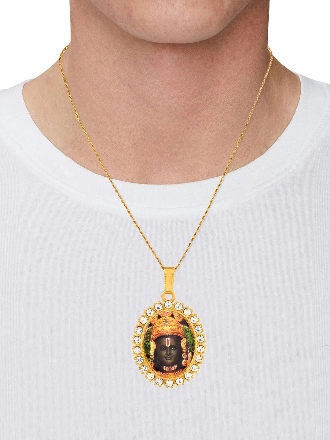 MEMOIR Men Gold-Plated CZ Studded Ayodhya Ram Lalla Circular Pendant