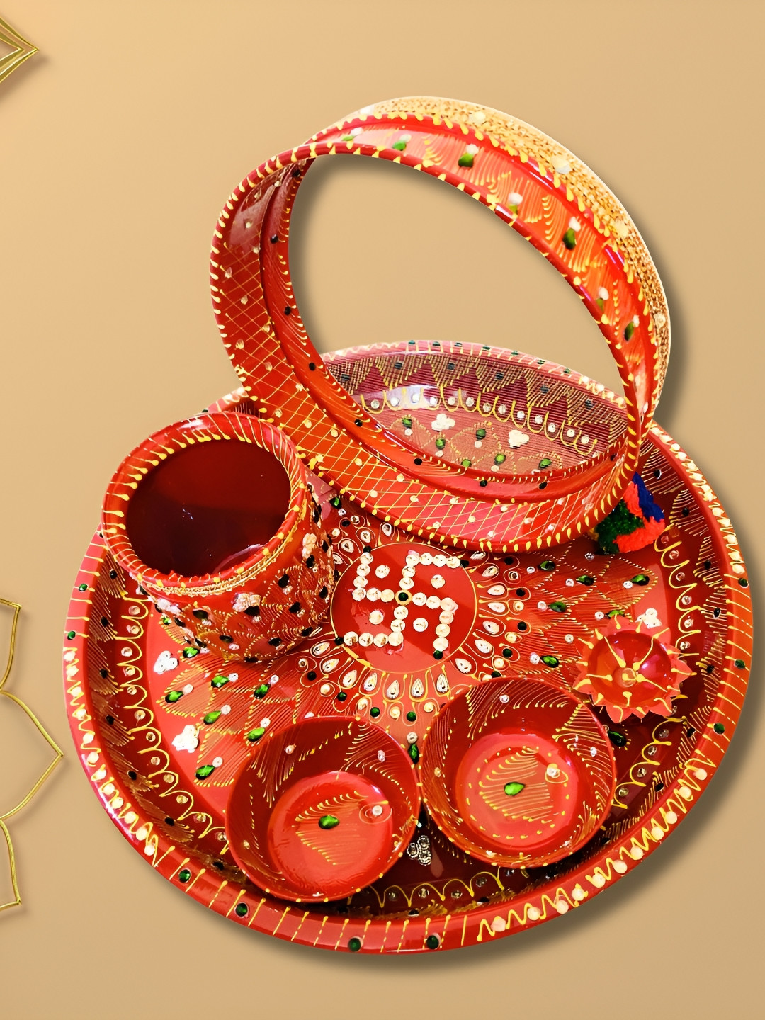 BAISA 6 Pieces Red & Yellow Metal Karwa Chauth Set