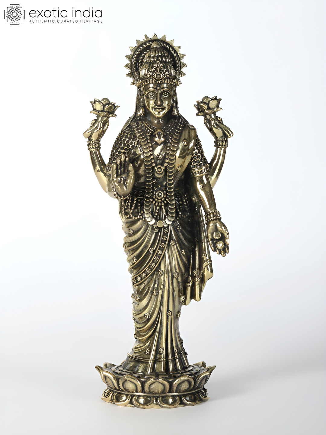 Exotic India Devi Lakshmi Standing on Lotus Grey Brass Metallic Prayer Room Small Showpiece - 5.7 Inches