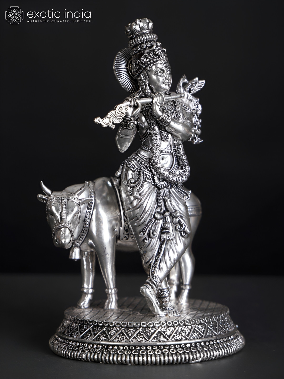 Exotic India Superfine Murli Manohar Krishna with Cow Silver Brass Metallic Prayer Room Small Showpiece - 3.7 Inches