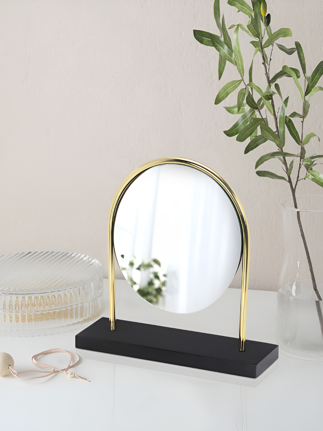 Metalsmith Black & Gold-Toned Oval Shaped Table Top Mirror