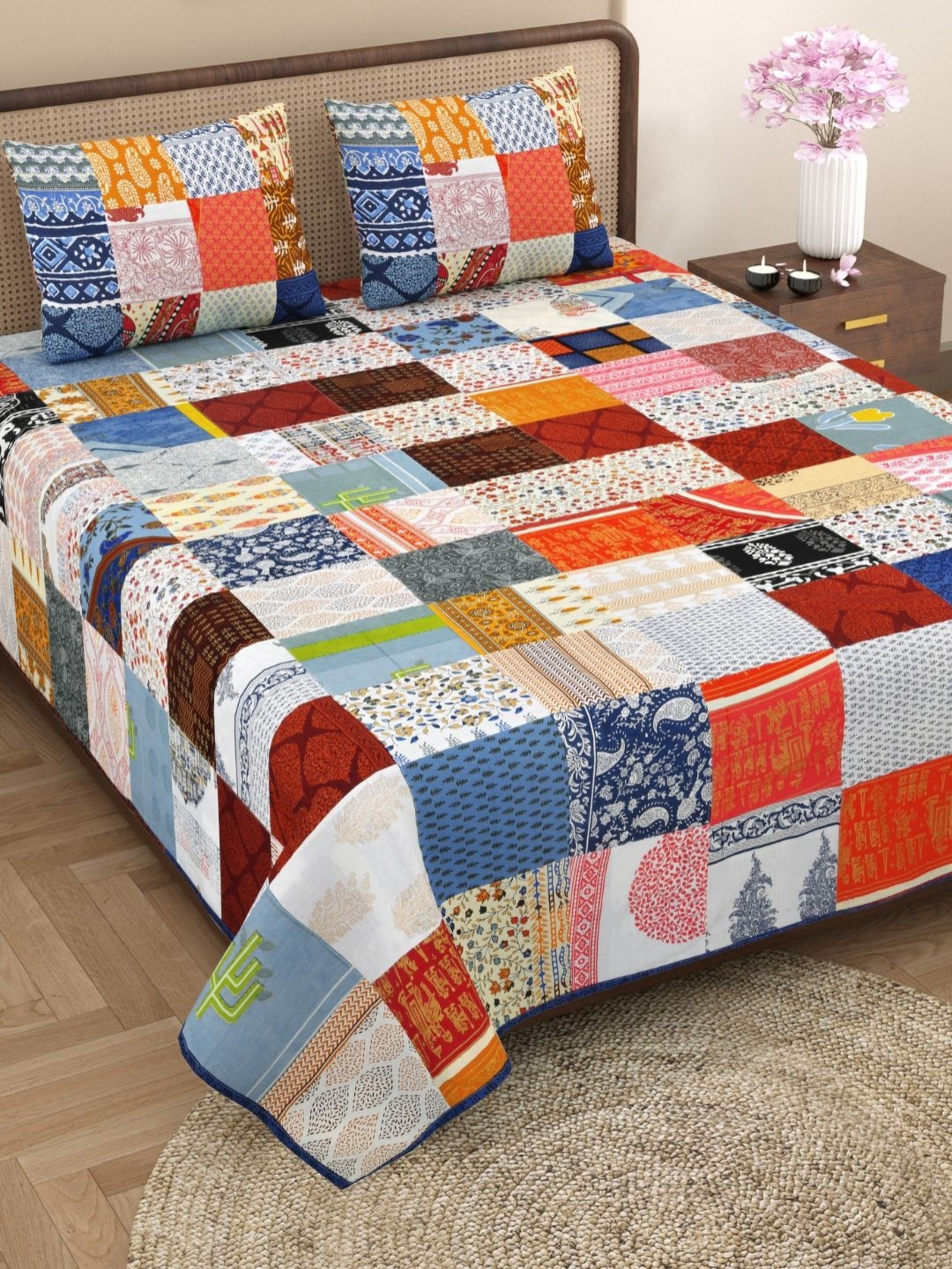 The Craft Monk Satrangi Patchwork Blue Ethnic Motifs Cotton 240 TC King Fine Bedsheet with 2 Pillow Covers-108 x 90 inches