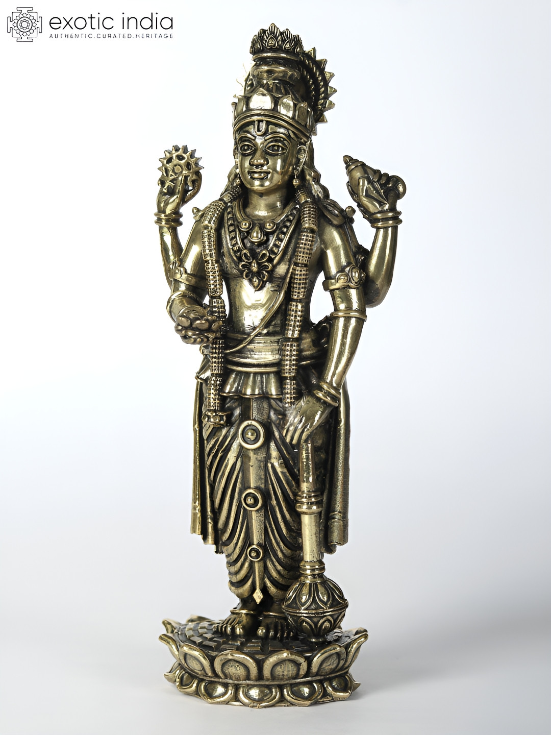 Exotic India Lord Vishnu Standing On Lotus Grey Brass Metallic Prayer Room Small Showpiece - 7 Inches