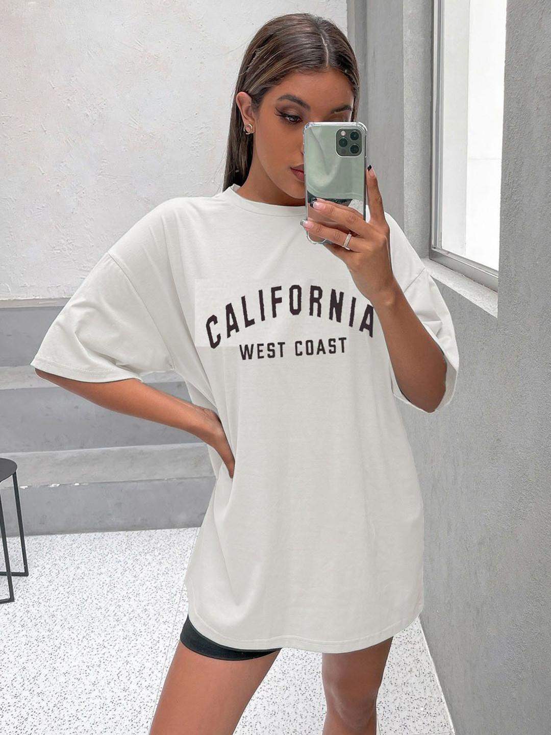 REVEXO Women Typography Printed Extended Sleeves Cotton Pockets T-shirt