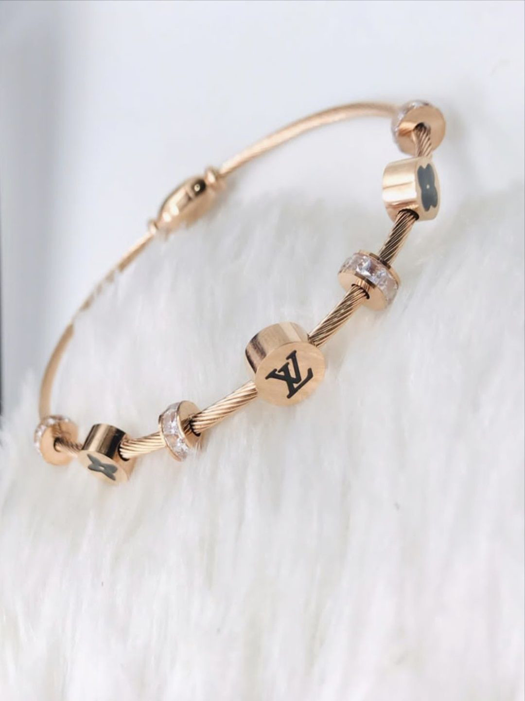 V FASHION JEWELLERY Stainless Steel CZ Studded Rose Gold-Plated Bangle Style Bracelet