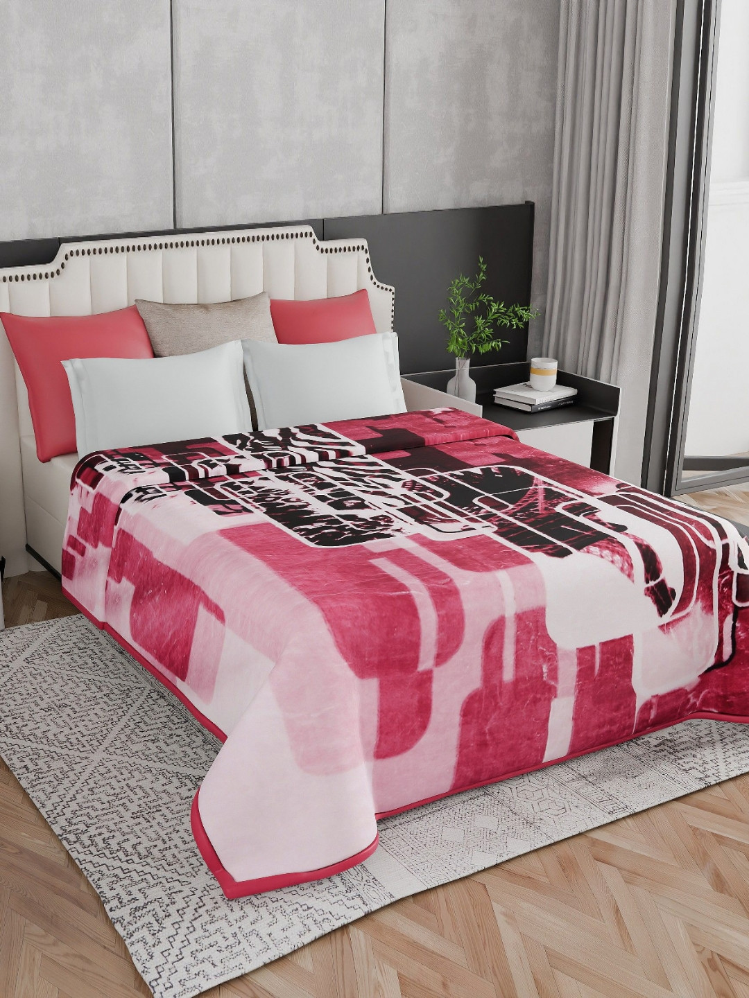 Signature kautilya Red & White Abstract Mink Heavy Winter Double Bed Blanket
