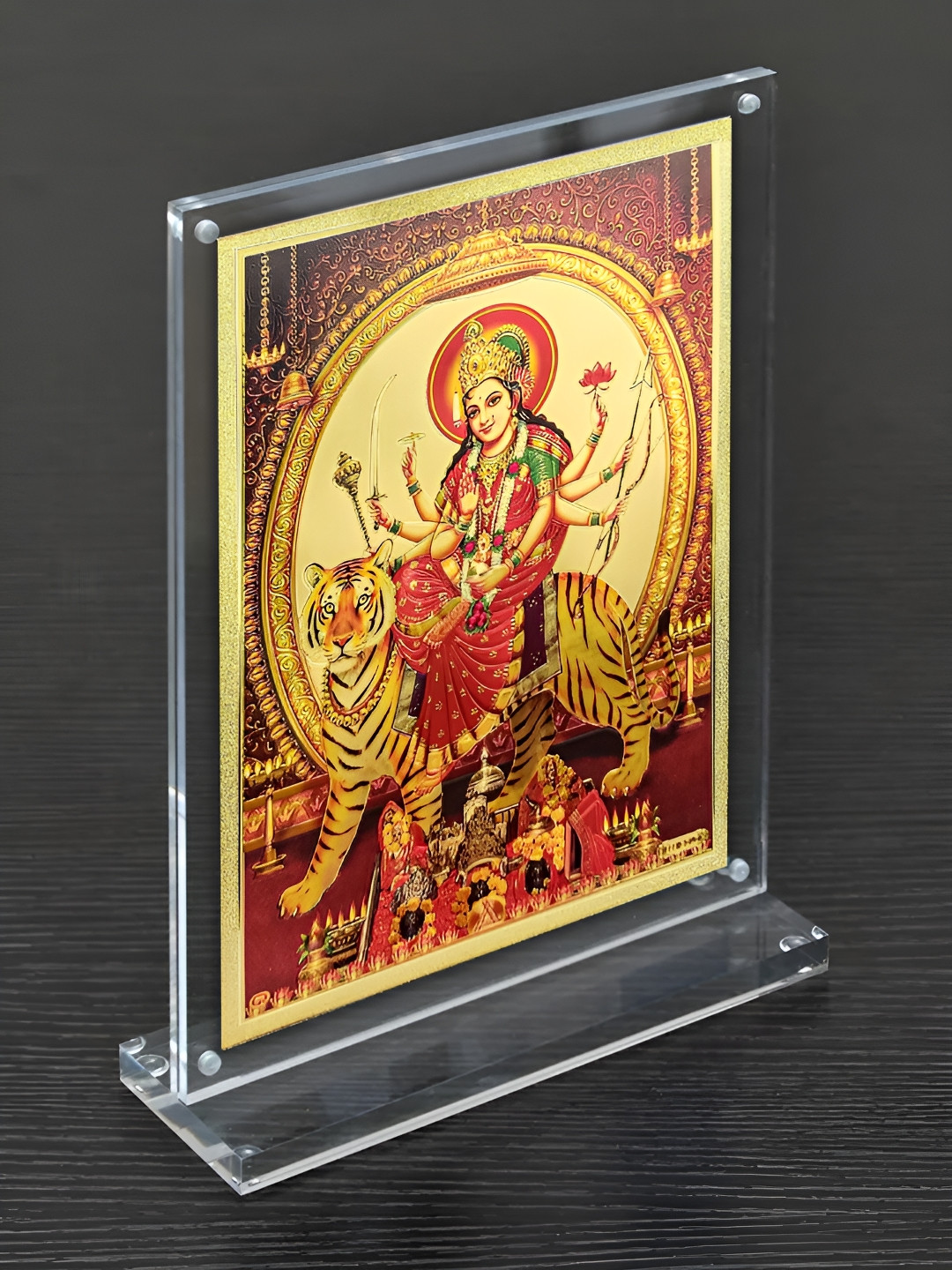 Hawai Gold-Toned & Red Durga Maa Sherawali Mata Acrylic Wall Photo Frame