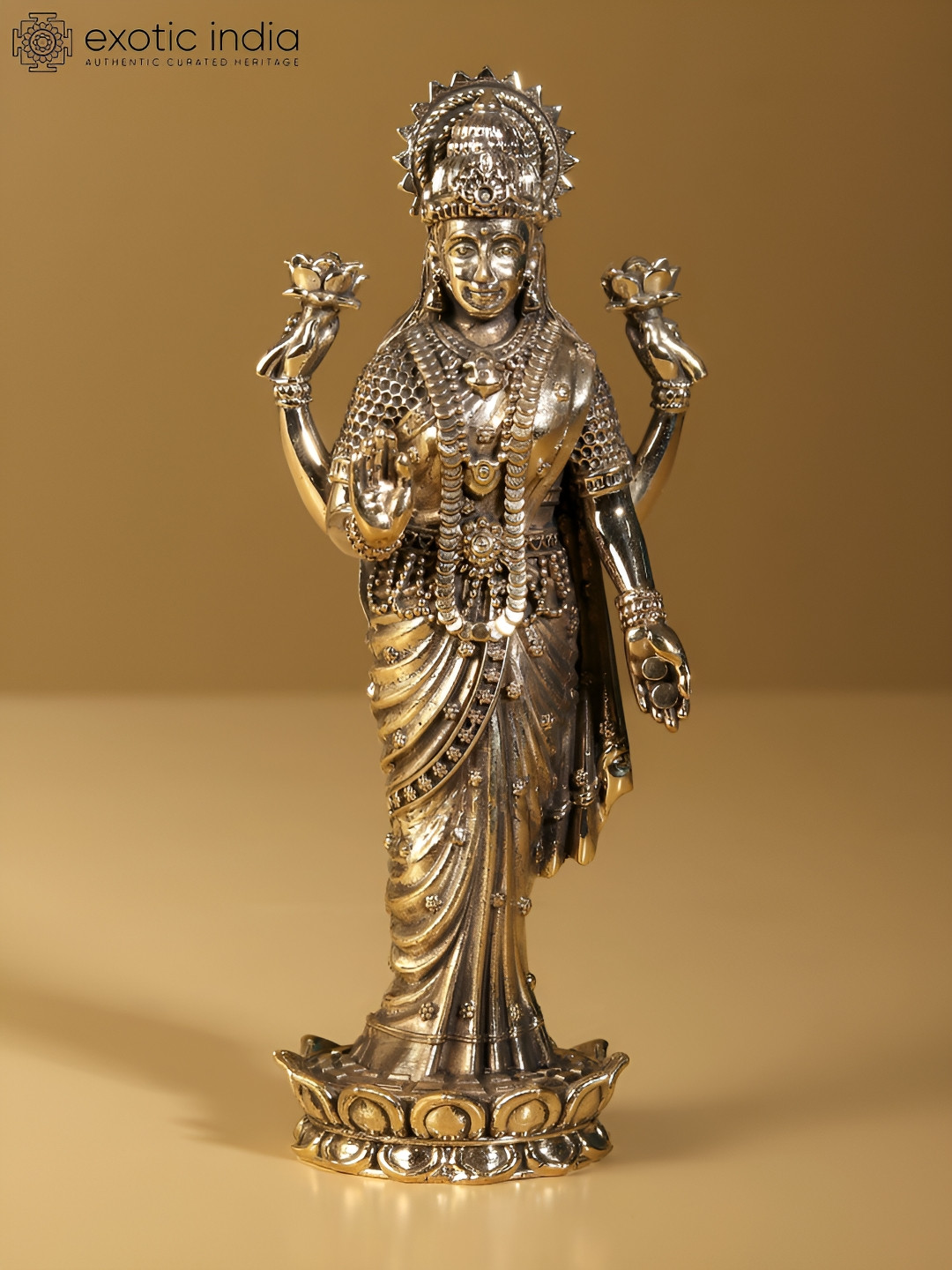 Exotic India Devi Lakshmi Gold Brass Metallic Prayer Room Small Showpiece - 5.7 Inches