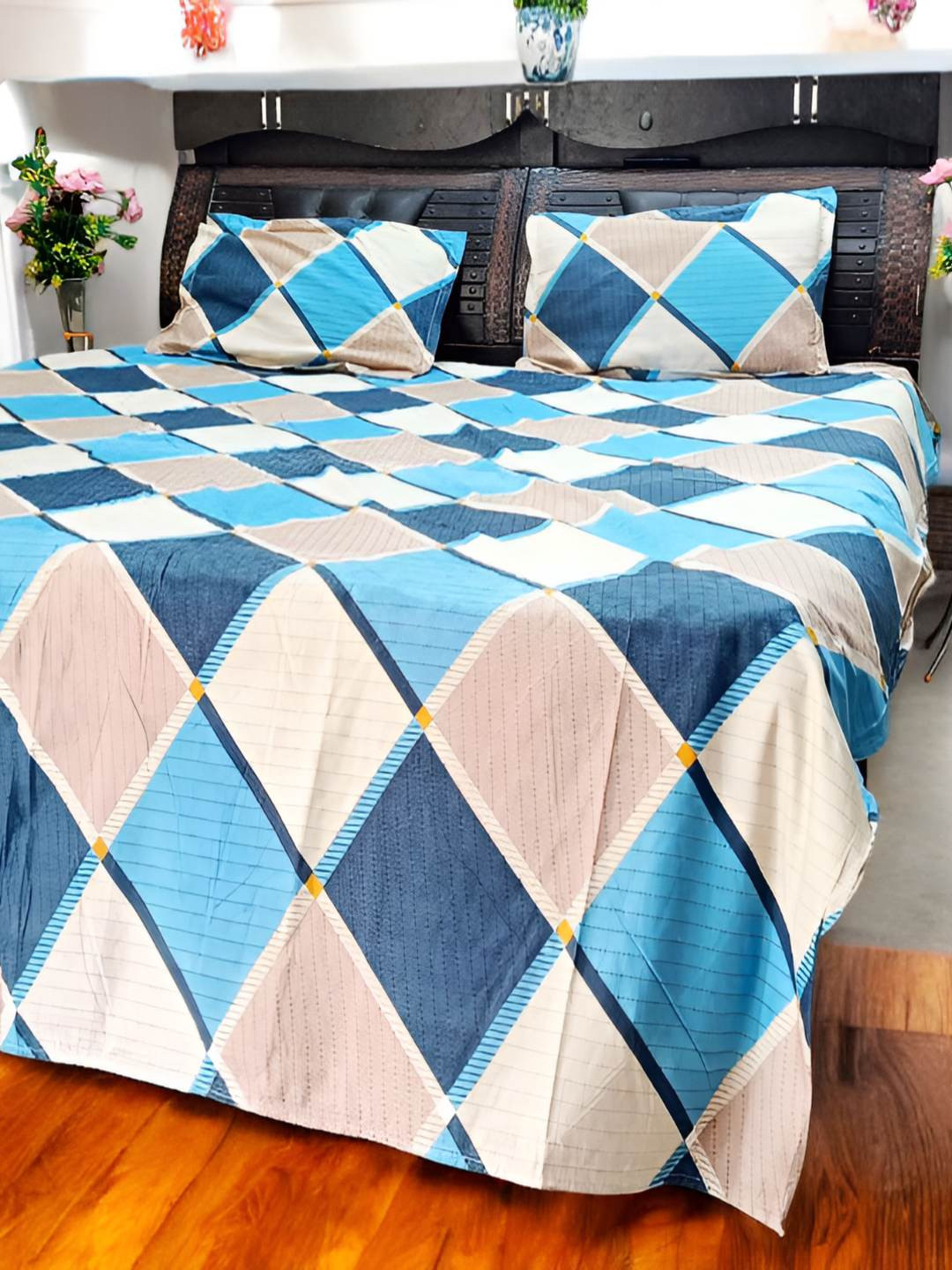 V.R.ENTERPRISES Blue Geometric Cotton 210 TC Queen Fine Bedsheet with 2 Pillow Covers-98 x 88 inches