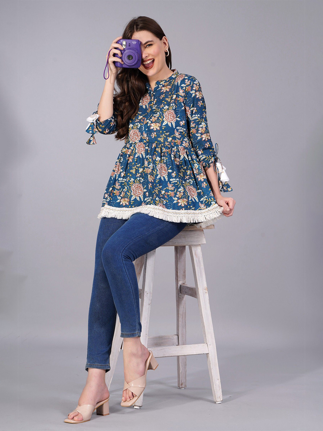 Royal Marque Women Floral Printed Mandarin Collar Cotton Top