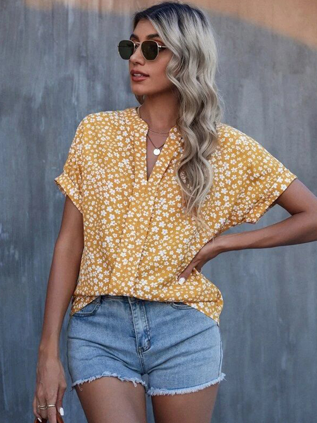 Mustard Floral V-neck Short Sleeve Top