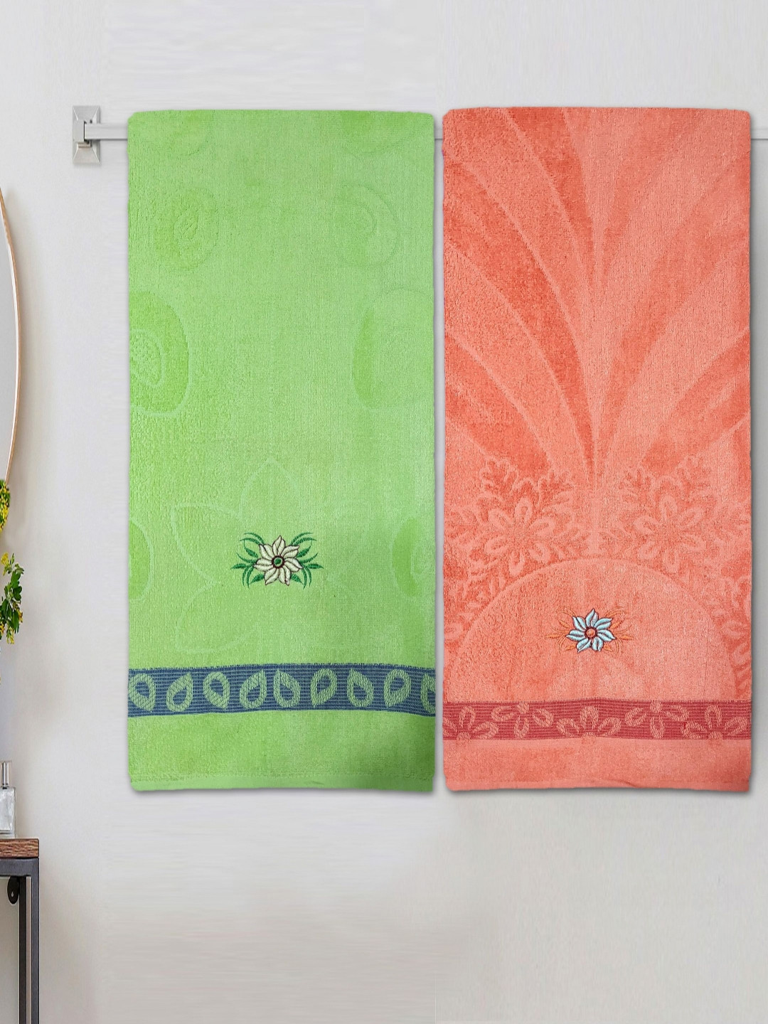 ANA Green & Orange-coloured 2 Pieces Floral Embroidered 350 GSM Cotton Bath Towel