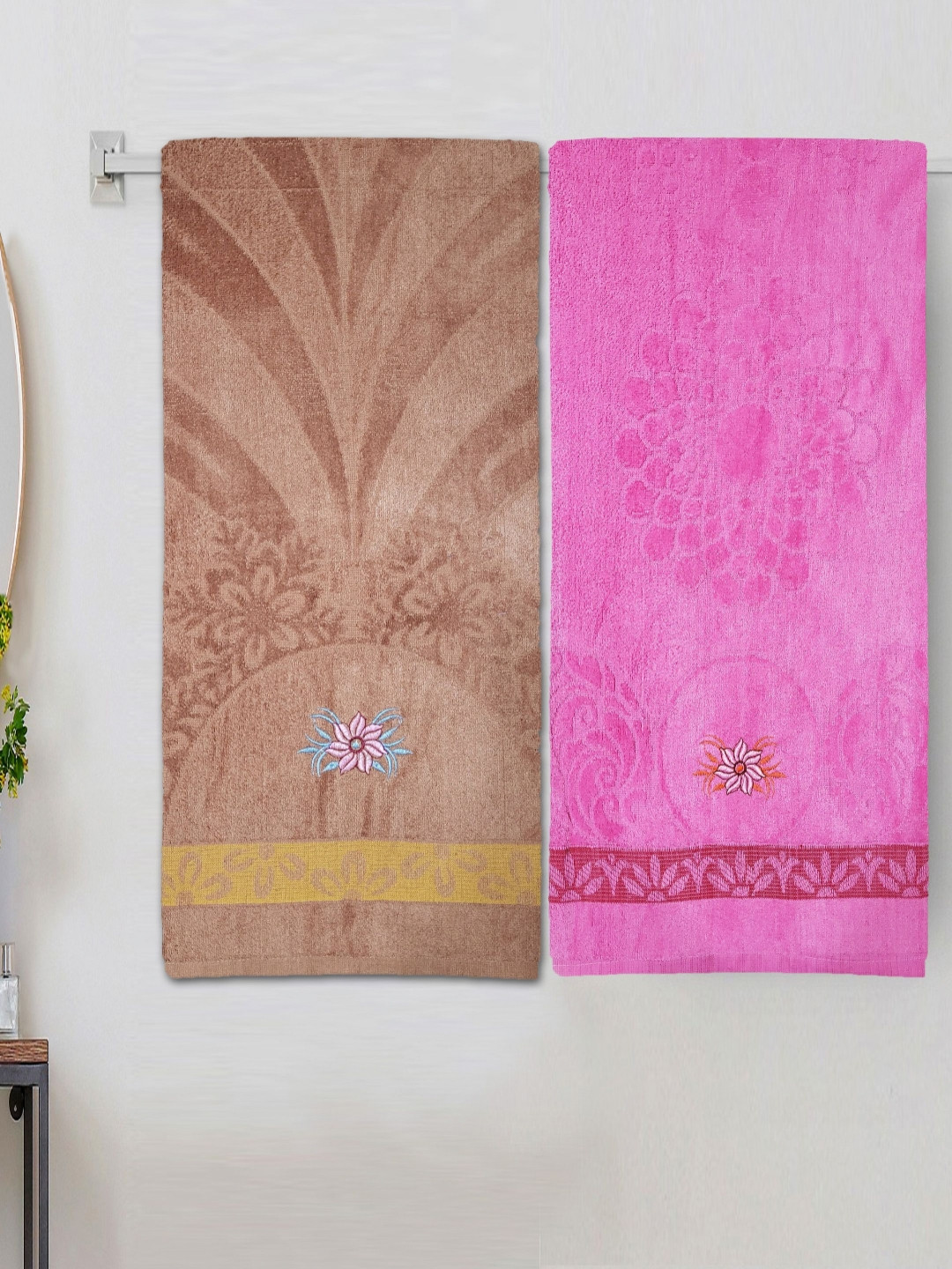 ANA Pink & Brown 2 Pieces Floral Embroidered 350 GSM Cotton Bath Towel