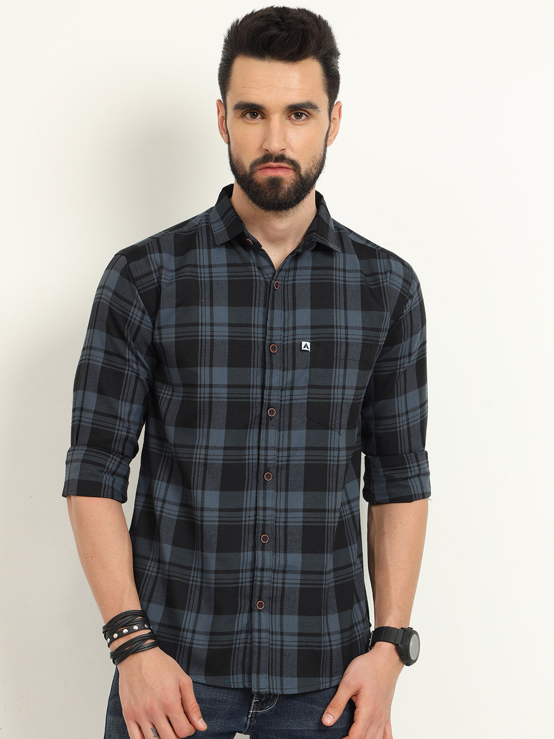 ALLWIN PAUL Men Comfort Cutaway Collar Shepherd Checked Cotton Casual Shirt