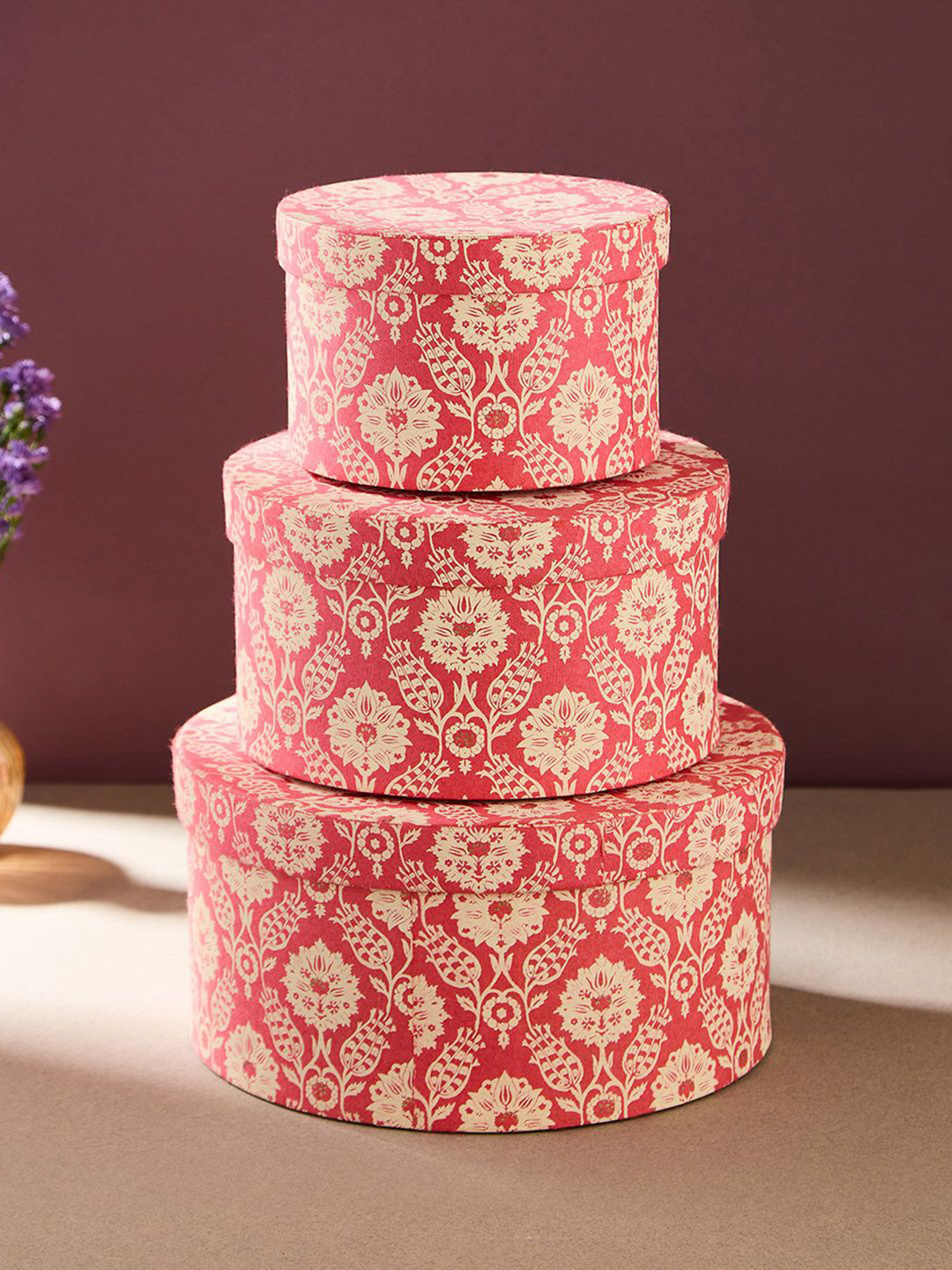 Fabindia 3Pcs Pink & Off White Printed Paper Gift Box
