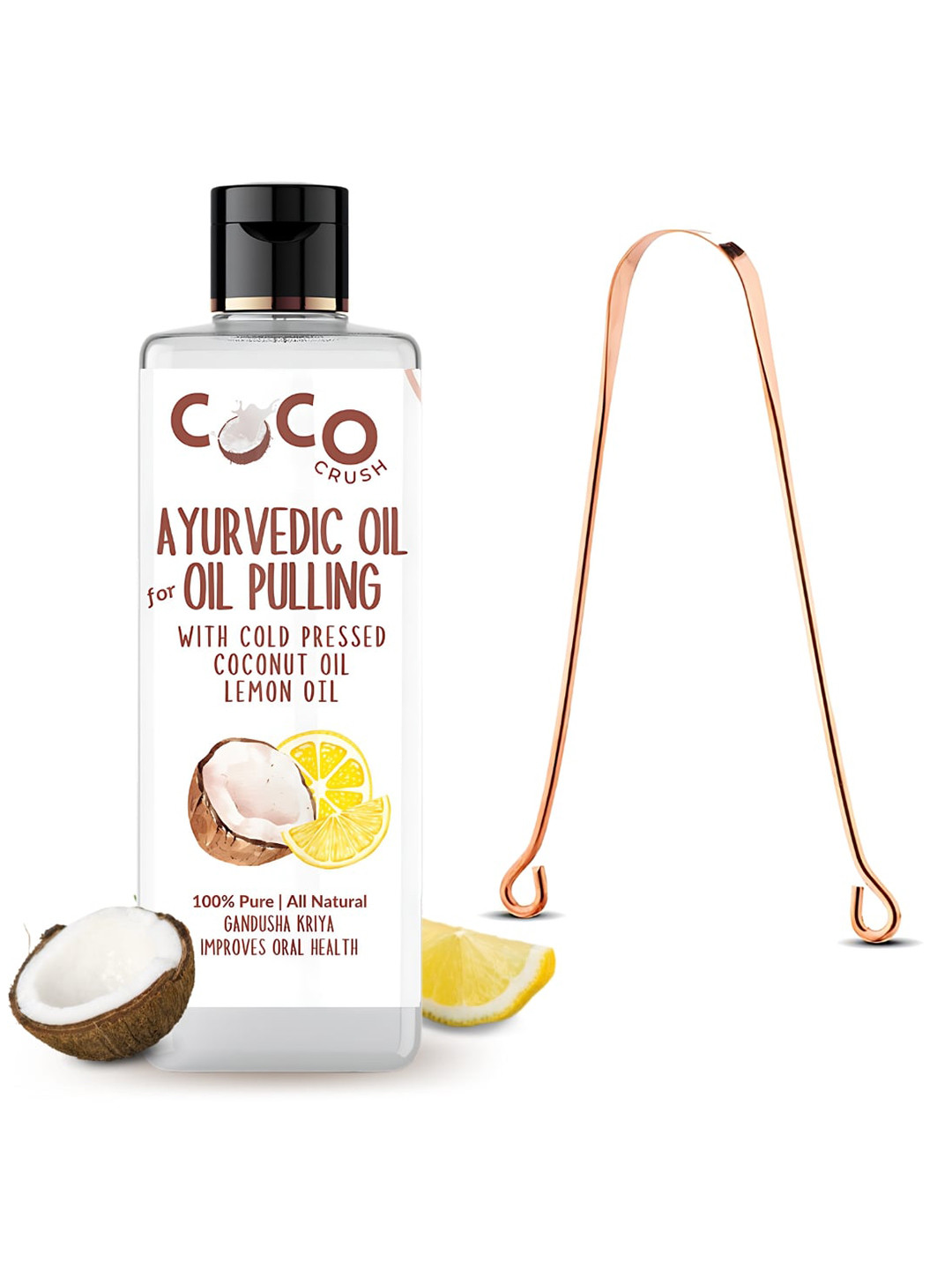 Coco Crush Ayurvedic Coconut Oil & Lemon For Oil Pulling With Copper Tongue Cleaner-50ml