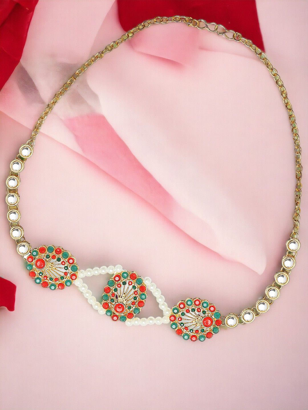 OOMPH Kundan Studded Pearls Beaded Jadau Head Chain Head Jewellery