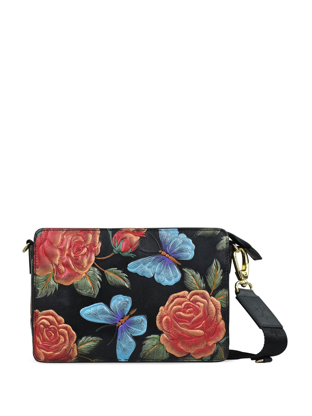 Anuschka Women's Tooled Rose Black Handpainted Leather Triple Compartment Crossbody
