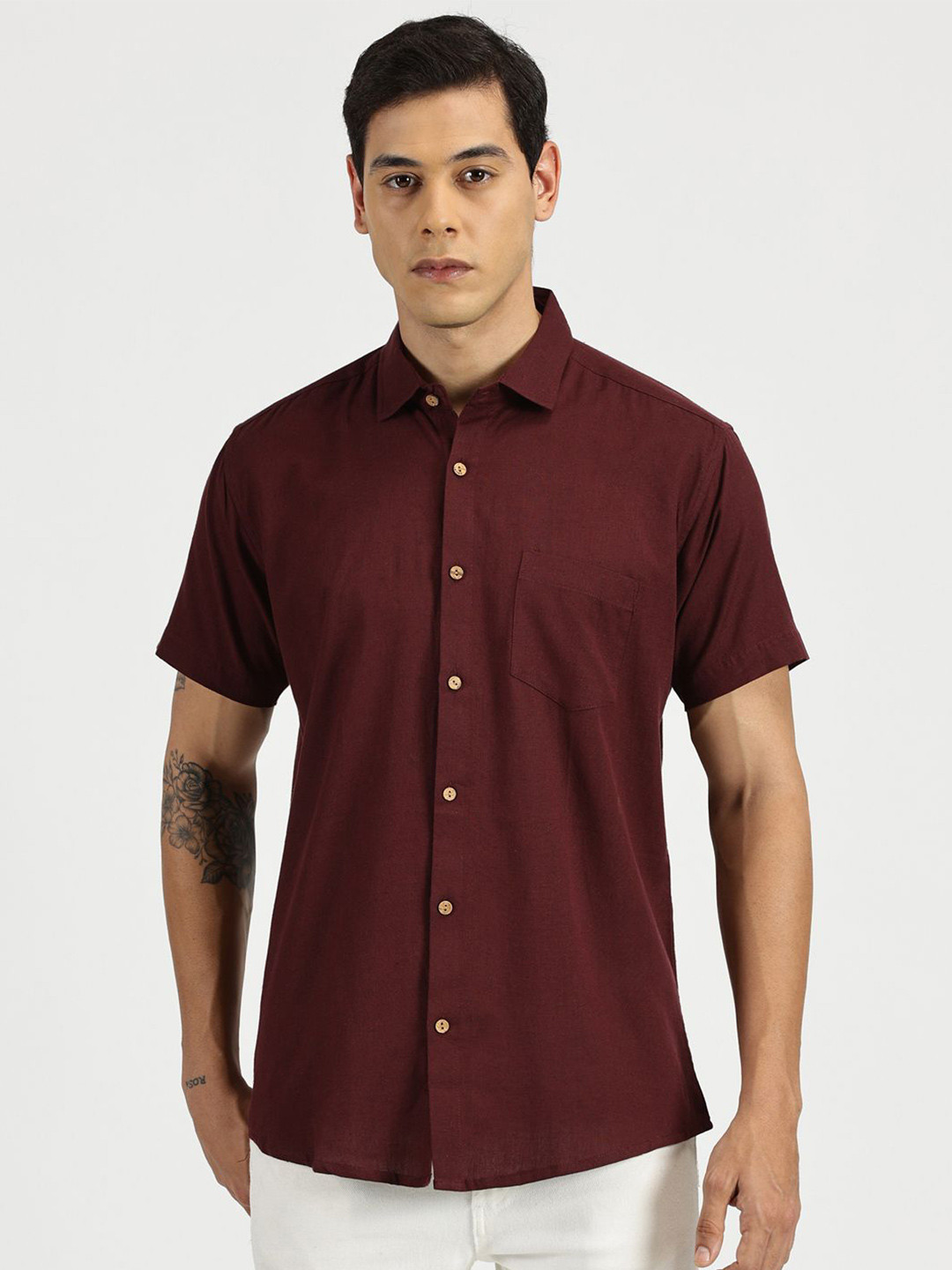 Patrah Men Spread Collar Solid Cotton Relaxed Fit Casual Shirt