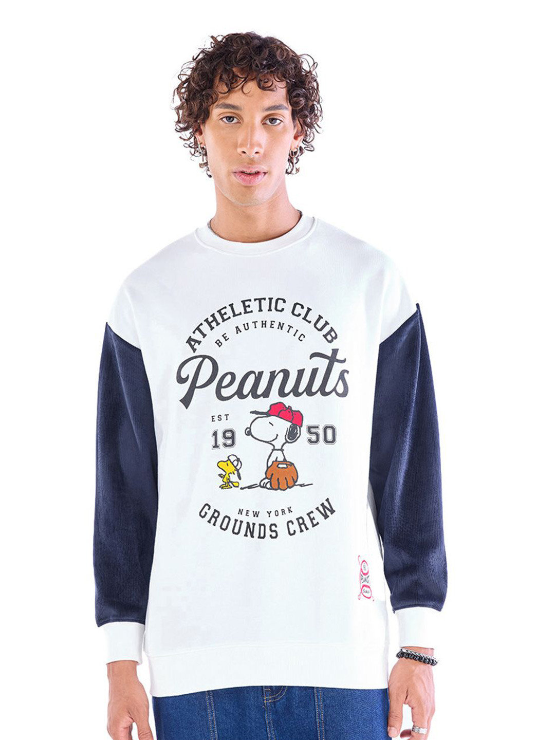 Bewakoof Heavy Duty 1.0 Men White & Blue Peanuts Typography Oversized Sweatshirt