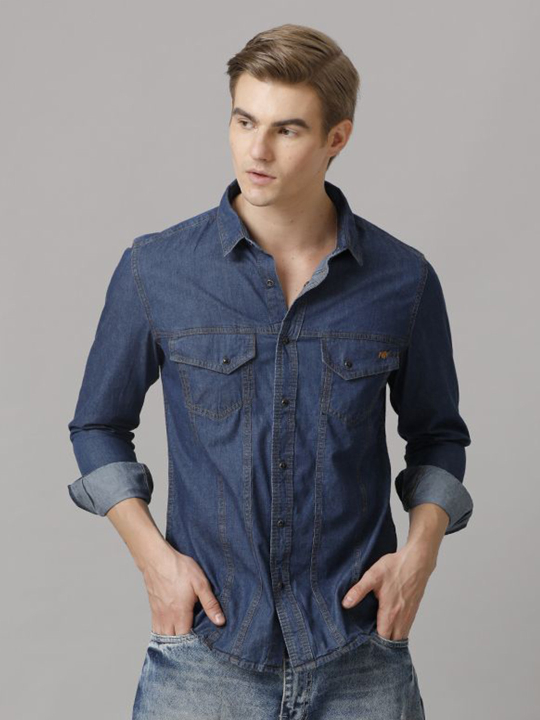 TEMPLE OF DENIM Men India Slim Spread Collar Solid Denim Casual Shirt
