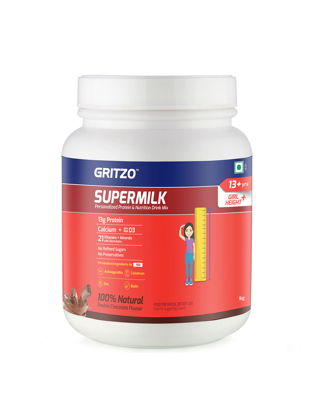 Gritzo Kids Vegetarian SuperMilk Height+ 13+y Girls- 13g Protein-Double Chocolate-1kg