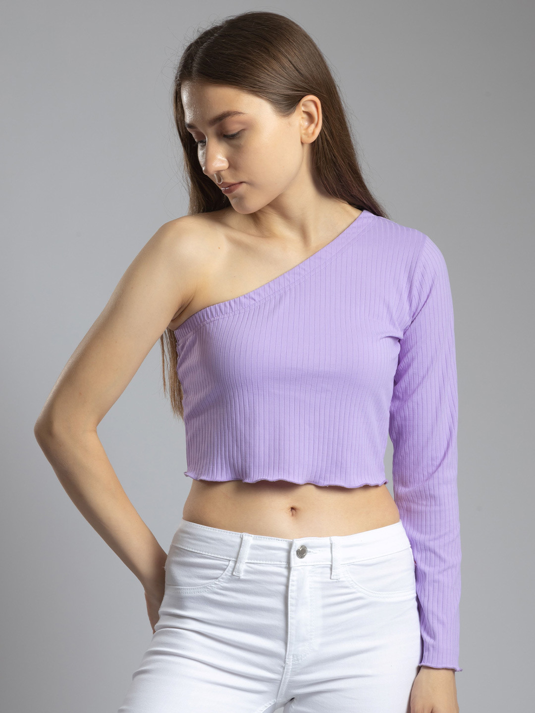 PYR8 Women Vertical Striped One Shoulder Top