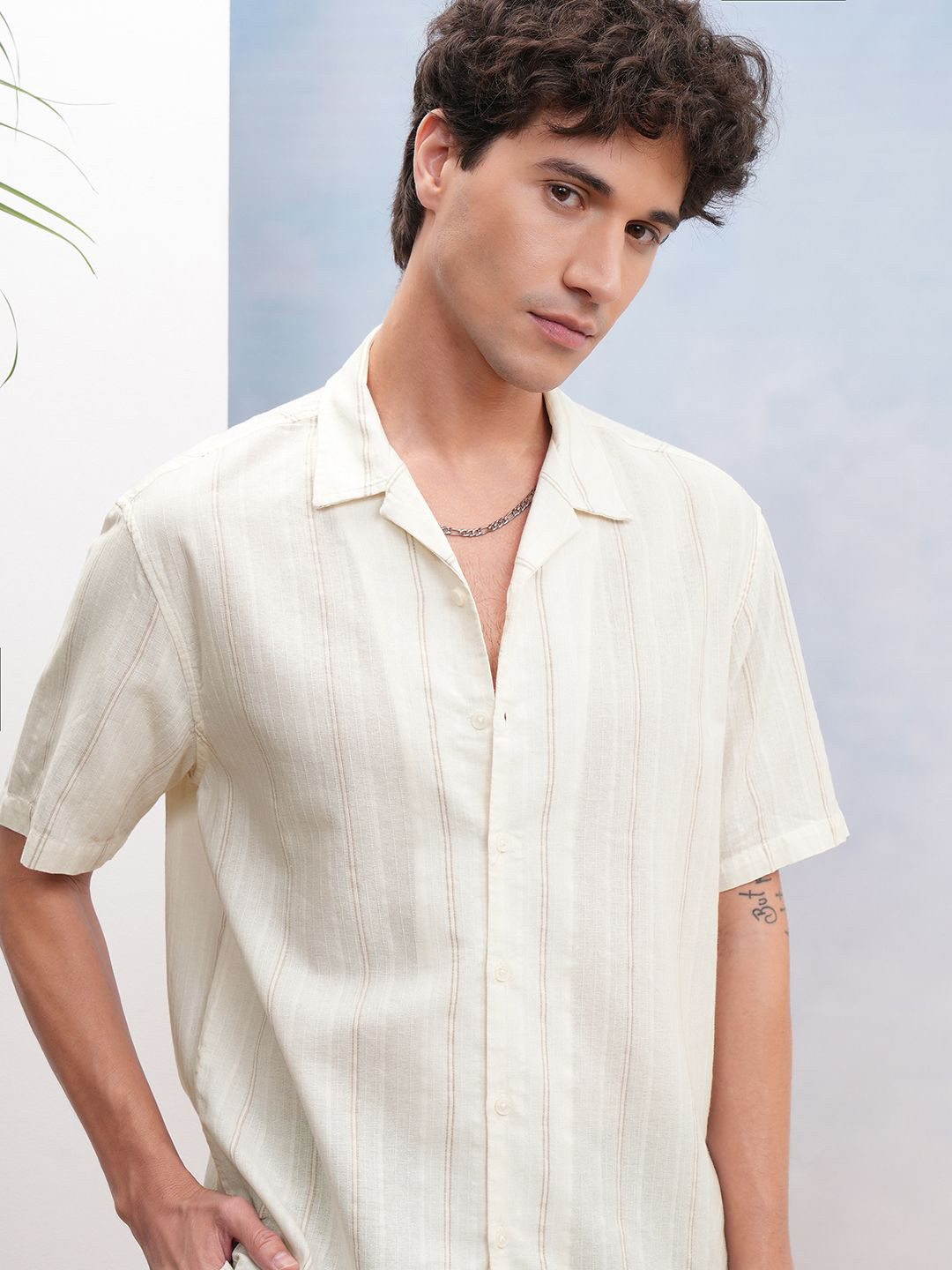 Highlander Men Cream Cream Striped Cuban Collar Casual Relaxed Fit Shirt