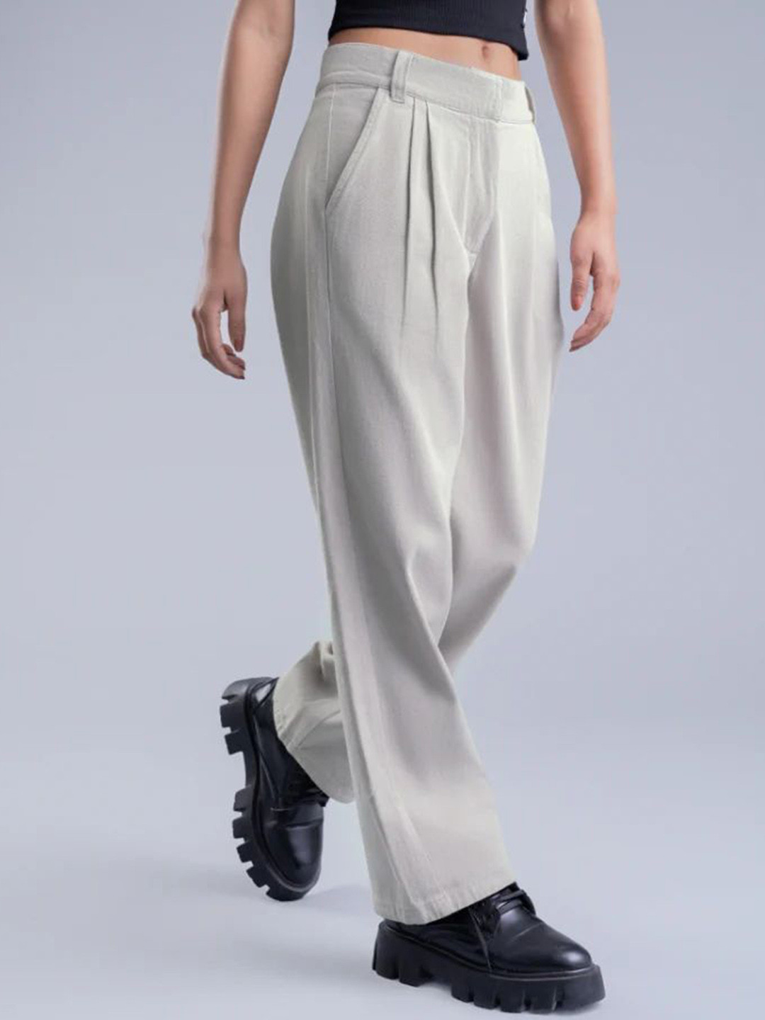 Overlays Light Grey Women Straight Fit Pleated Trousers