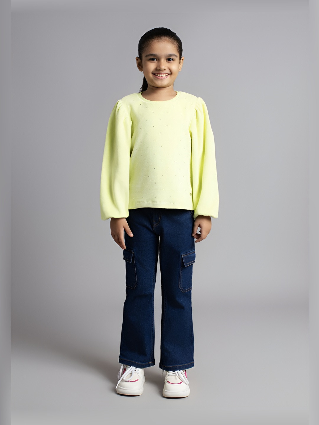 Ed-a-Mamma Girls Bio Finish Self Design Round Neck Cotton Relaxed Fit T-shirt