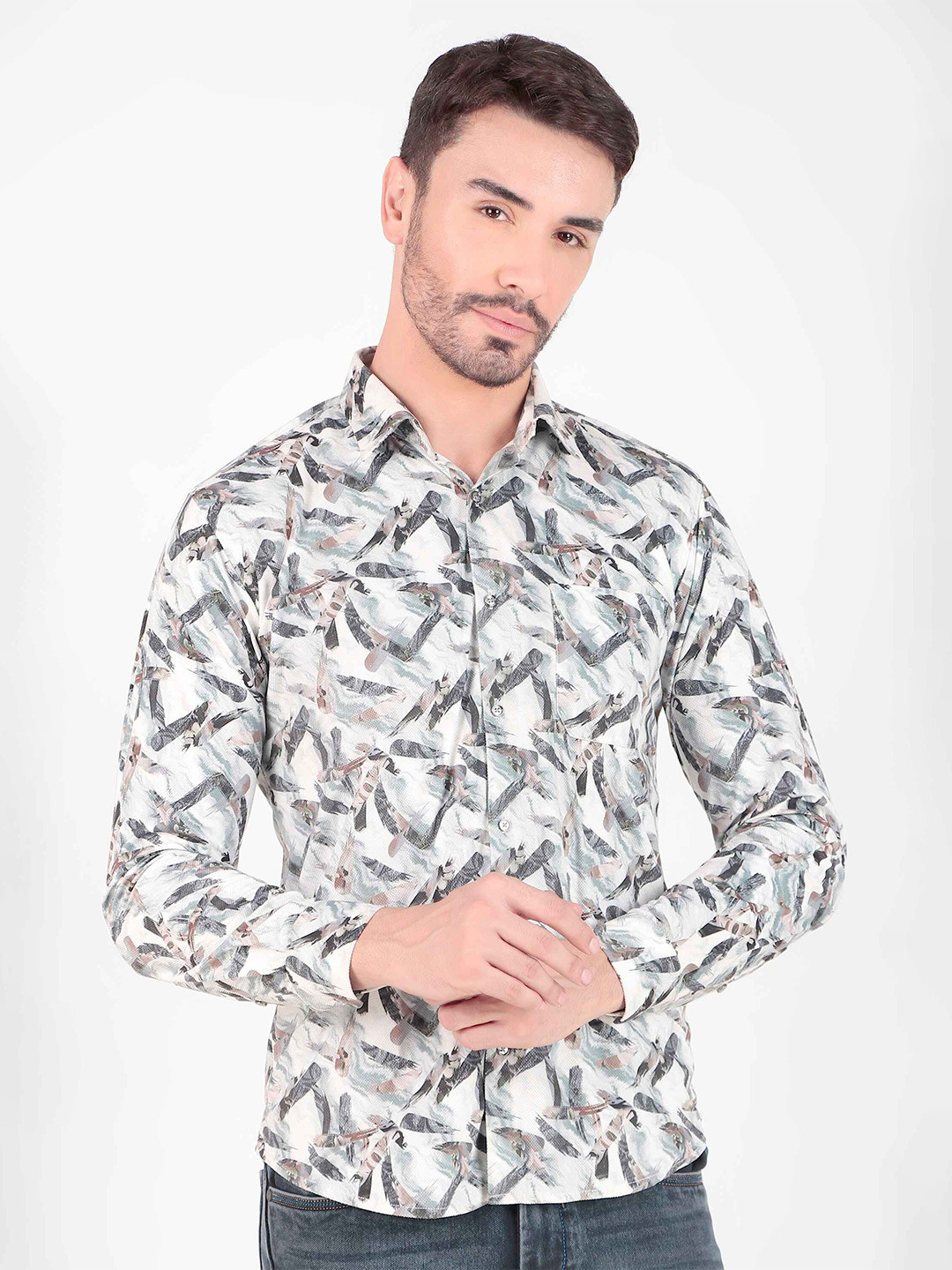DESIGN UP Men Premium Spread Collar Abstract Printed Cotton Slim Fit Casual Shirt