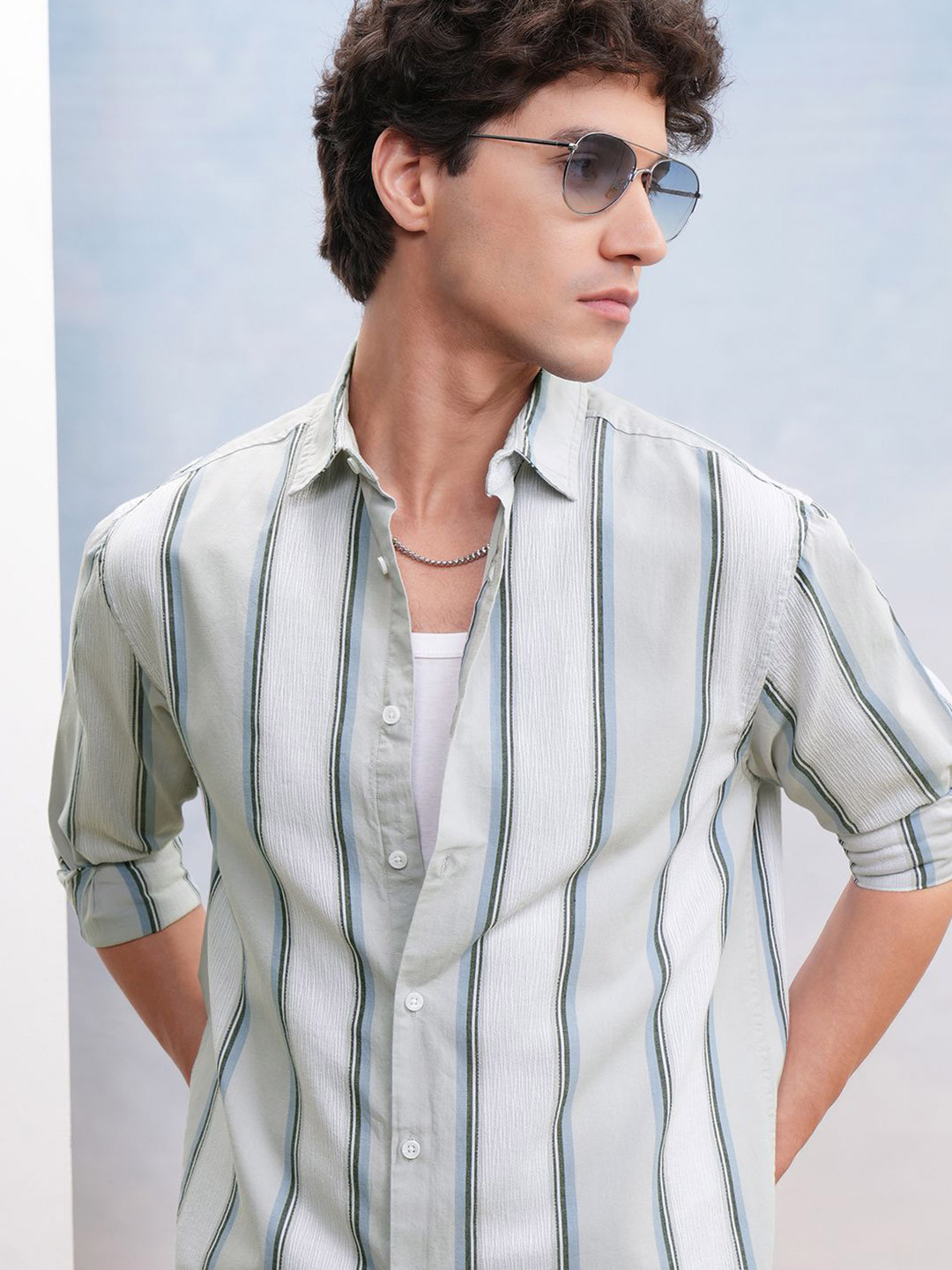 HIGHLANDER Men Dobby Textured Striped Relaxed Shirt