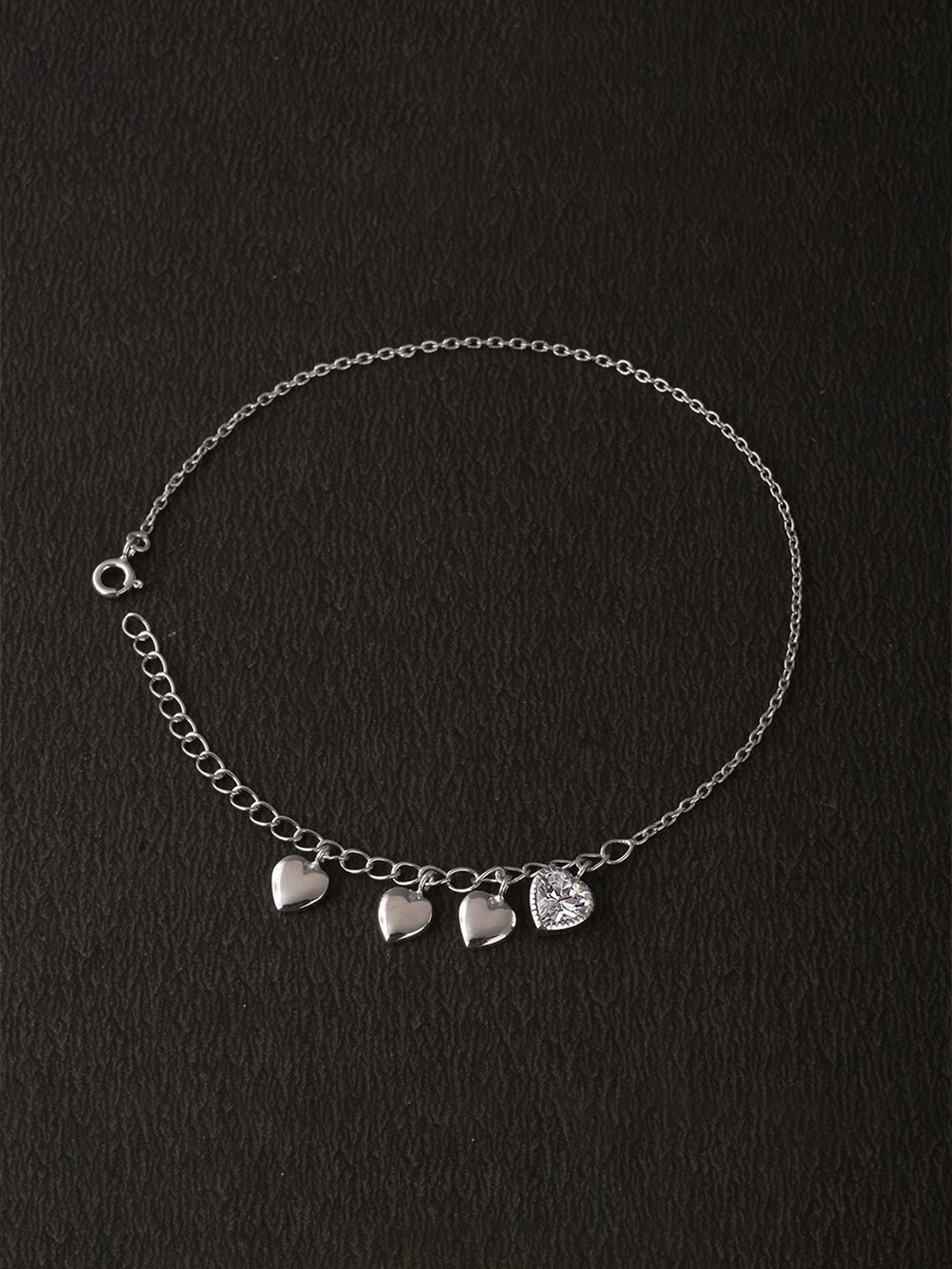 Whitehathi Silver Plated 92.5 Sterling Silver Quad Heart Charm Artificial Stone Anklet