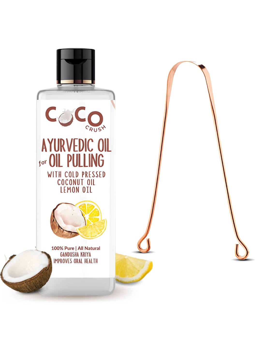 Coco Crush Ayurvedic Coconut Oil & Lemon For Oil Pulling With Copper Tongue Cleaner-100ml
