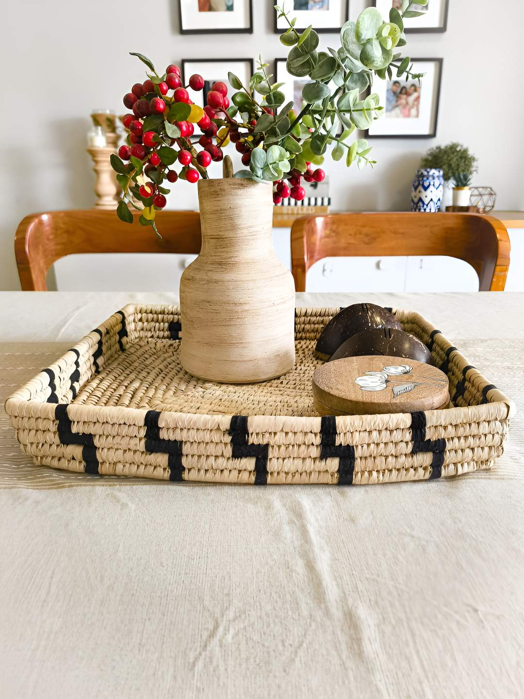 One Posh Home Beige & Black Wooden Easy to Clean Serving Tray