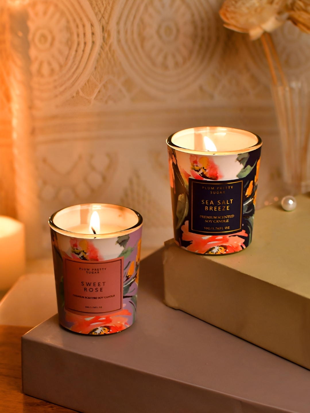 TAYHAA Premium 2Pcs Sweet Rose and Sea Salt Breeze Floral Geometric Regular Jar Candles