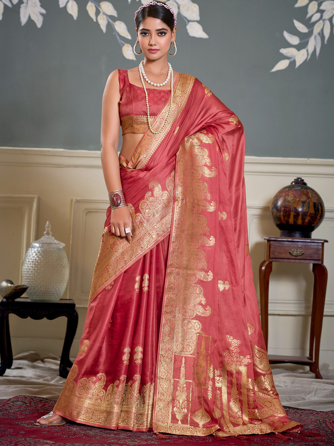KAYOMMI Woven Design Zari Pure Satin Organza Saree