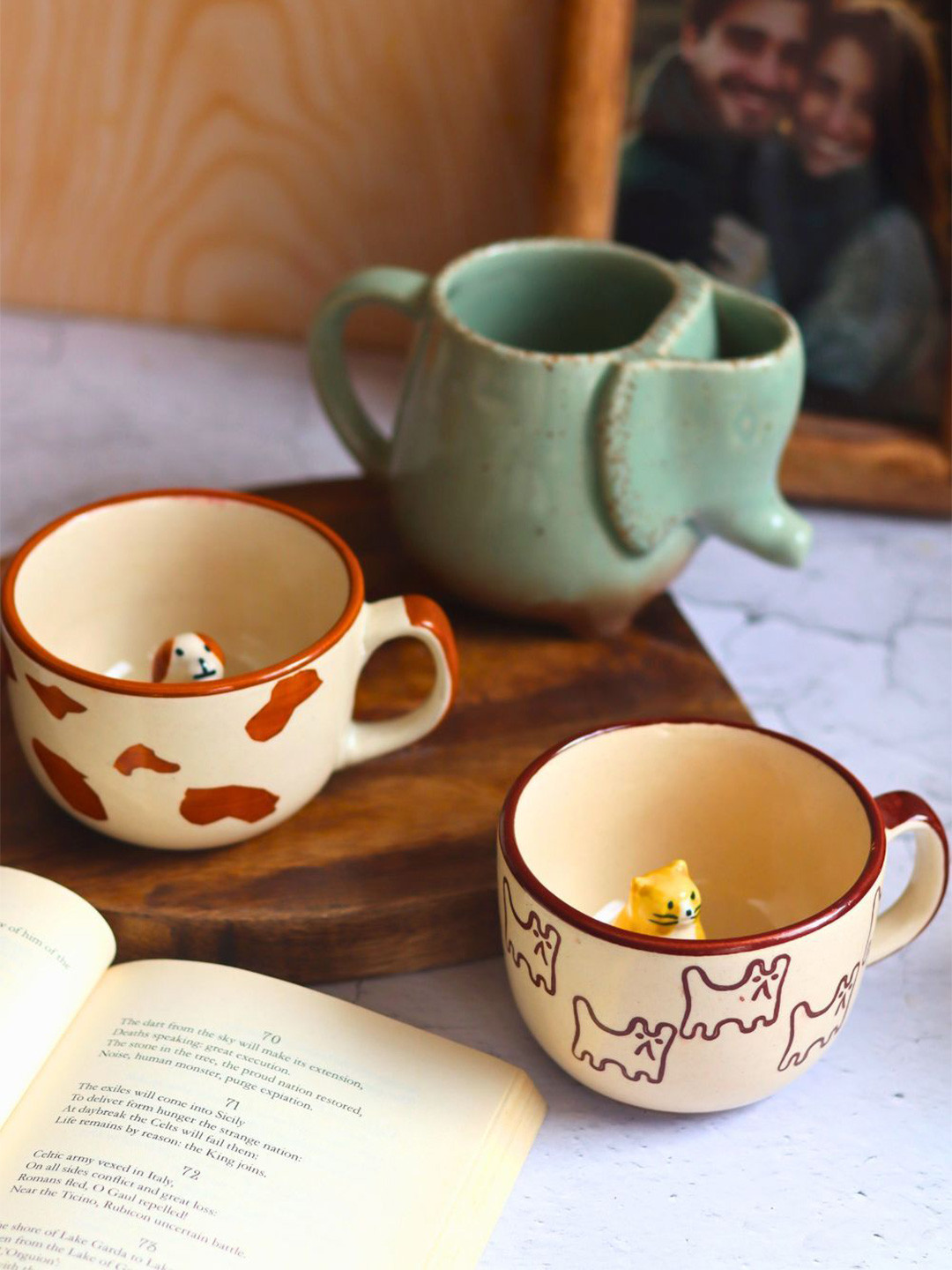 WEAVING HOMES Teal Animal Print Ceramic Handmade 3 Piece Mugs-400ml