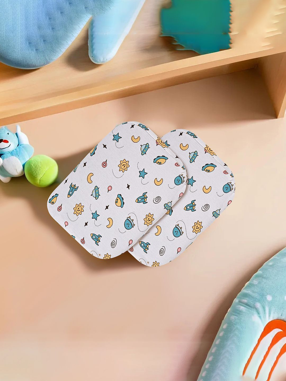 Kuber Industries Infants Pack Of 2 White Space Star Printed Cotton Baby Pillow