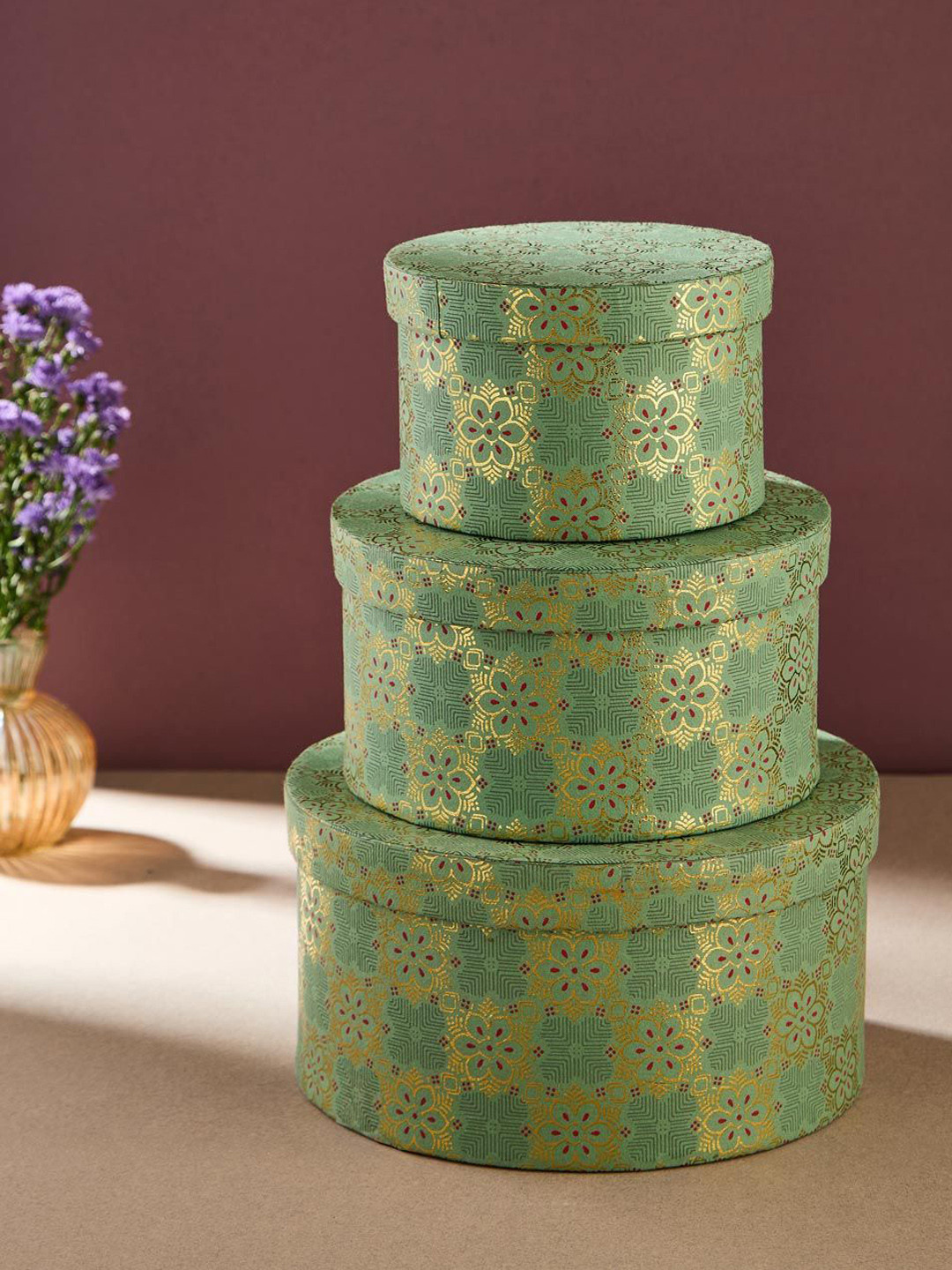 Fabindia 3Pcs Green Printed Paper Gift Boxes