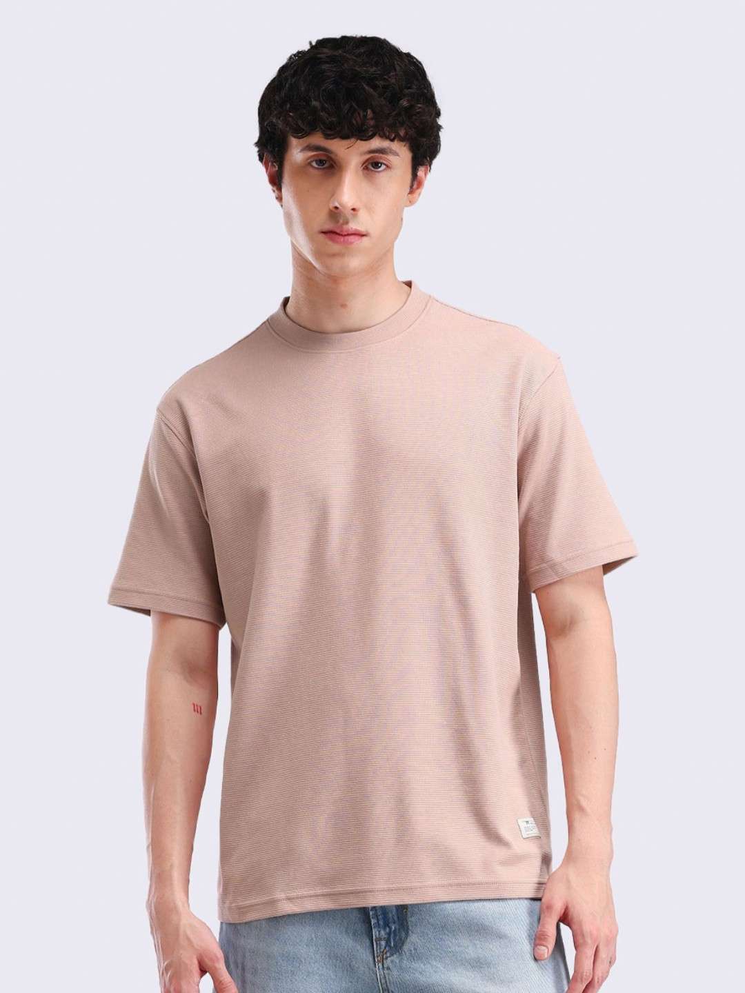 Flying Machine Men Self Design Round Neck Cotton Relaxed Fit T-shirt