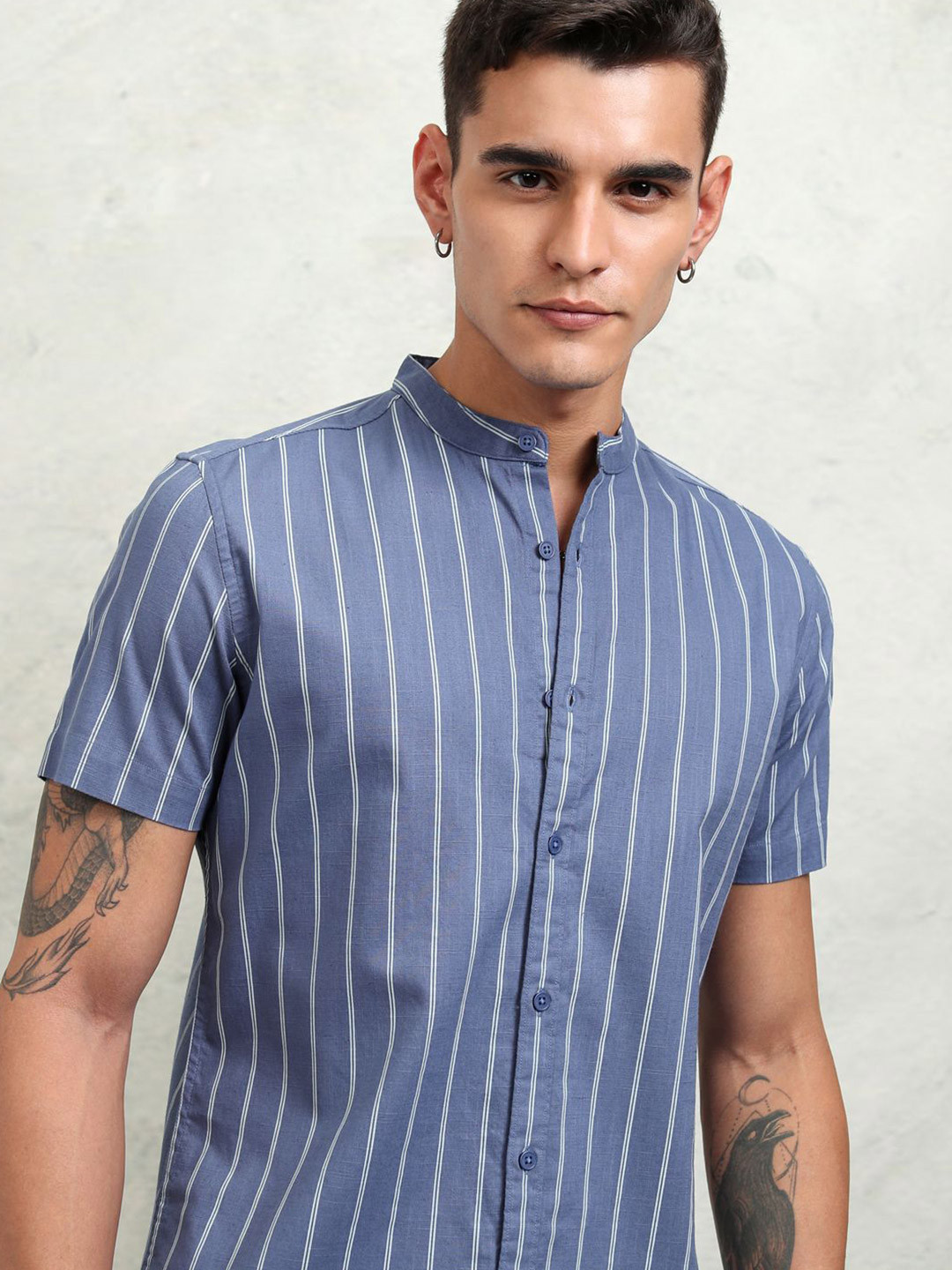 HIGHLANDER Men Cotton Linen Printed Striped Mandaring Collar Shirt