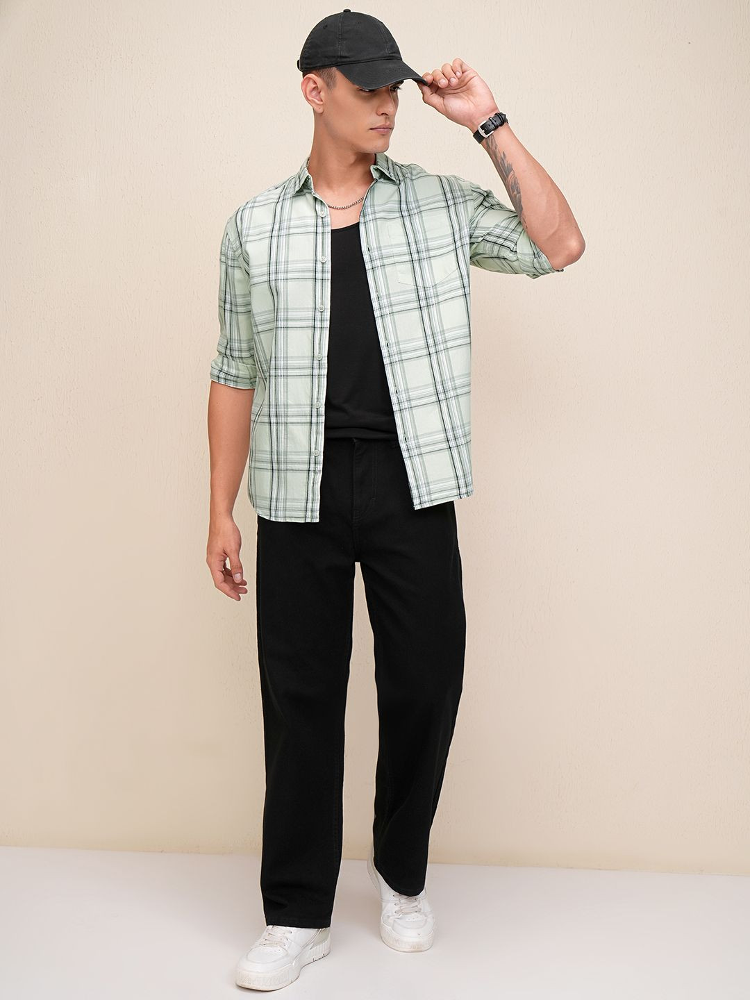 HIGHLANDER Men Mint Dobby Textured Checked Relaxed Shirt