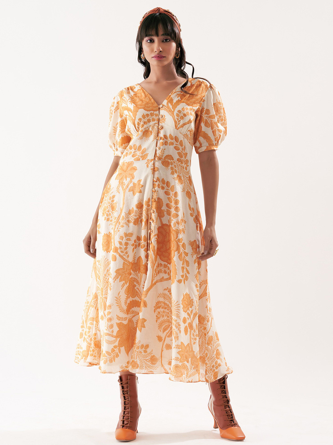 BOONS n PERKKS Women Floral Printed Puff Sleeve Fit & Flare Maxi Dress