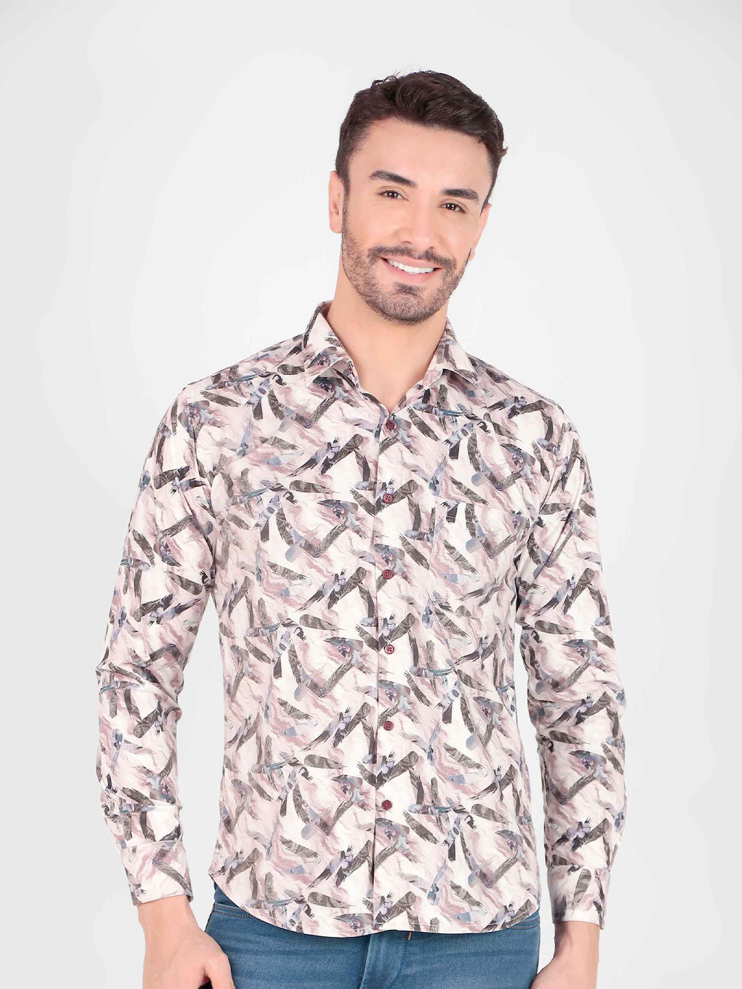 DESIGN UP Men Premium Spread Collar Abstract Printed Cotton Slim Fit Casual Shirt