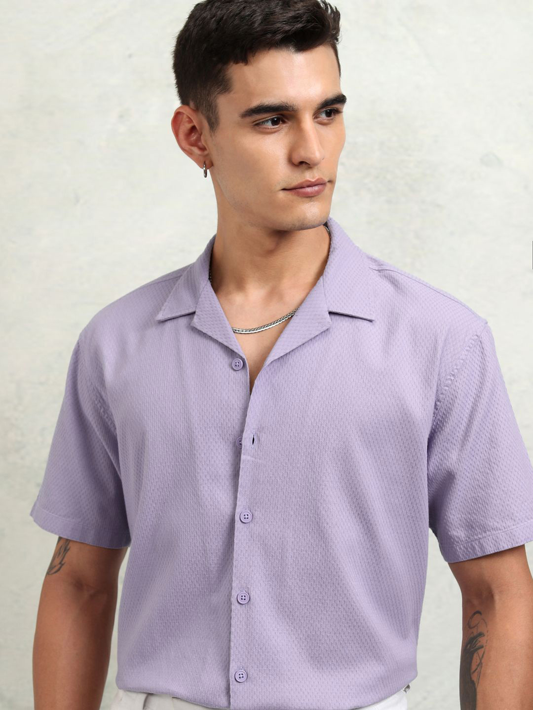 HIGHLANDER Men Lino Dobby Textureded Solid Cuban Collar Relaxed Shirt