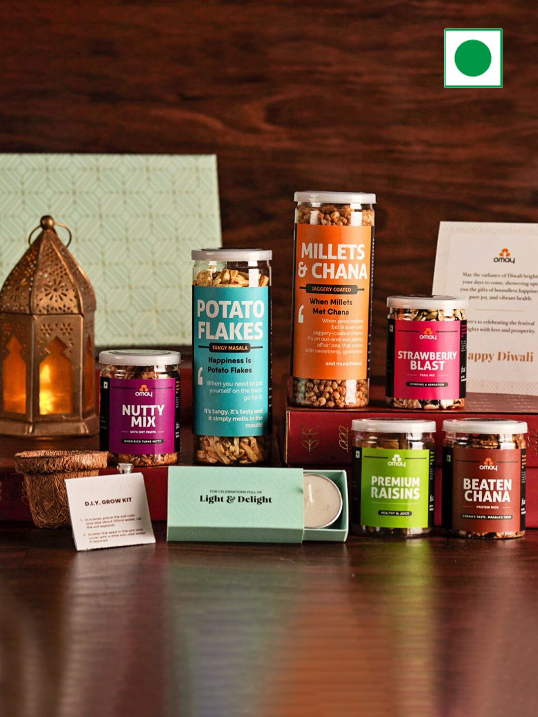 Omay Foods Set Of 9 Snacks Grow kit & Greeting Card Gift Set