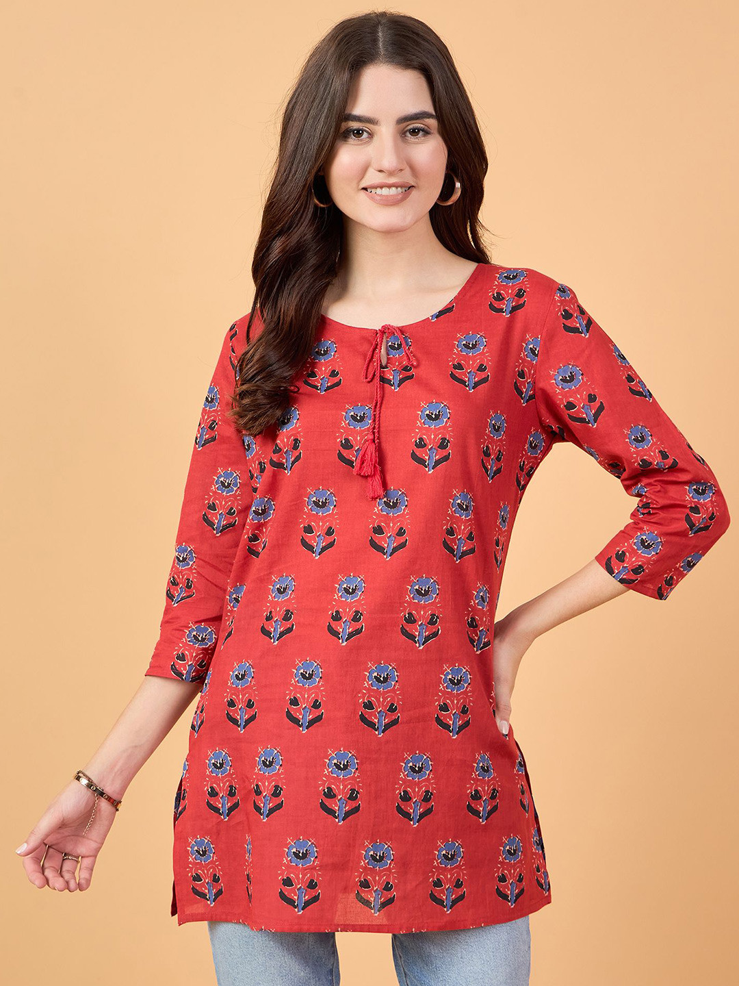 NEESH Women Floral Printed Tie-Up Neck Cotton Top