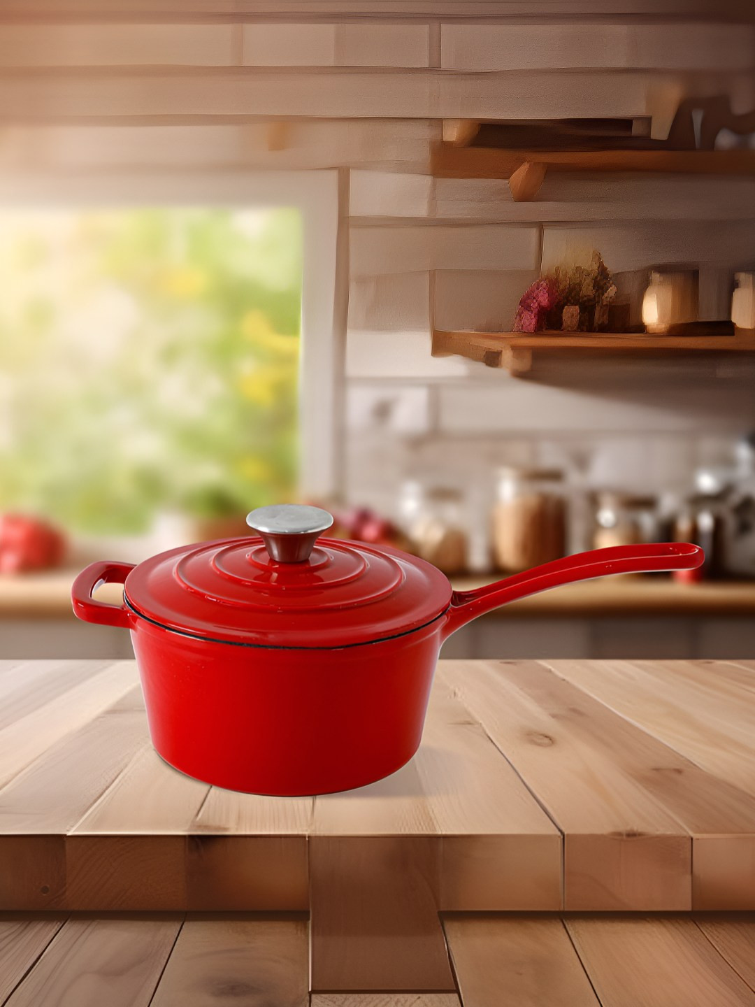 UMAI Red Cast Iron Saucepan With Lid & Long Handle 2 L