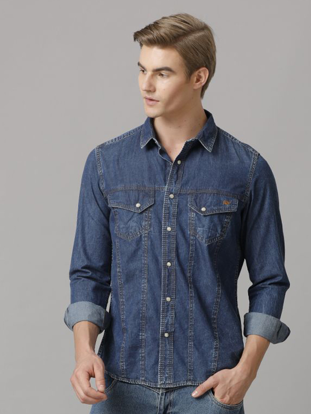 TEMPLE OF DENIM Men India Slim Spread Collar Solid Denim Casual Shirt